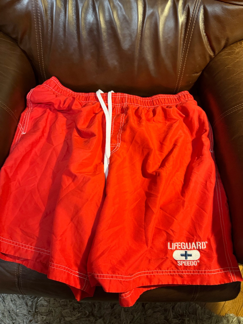 Speedo Red Lifeguard Swim Shorts with White Drawstring